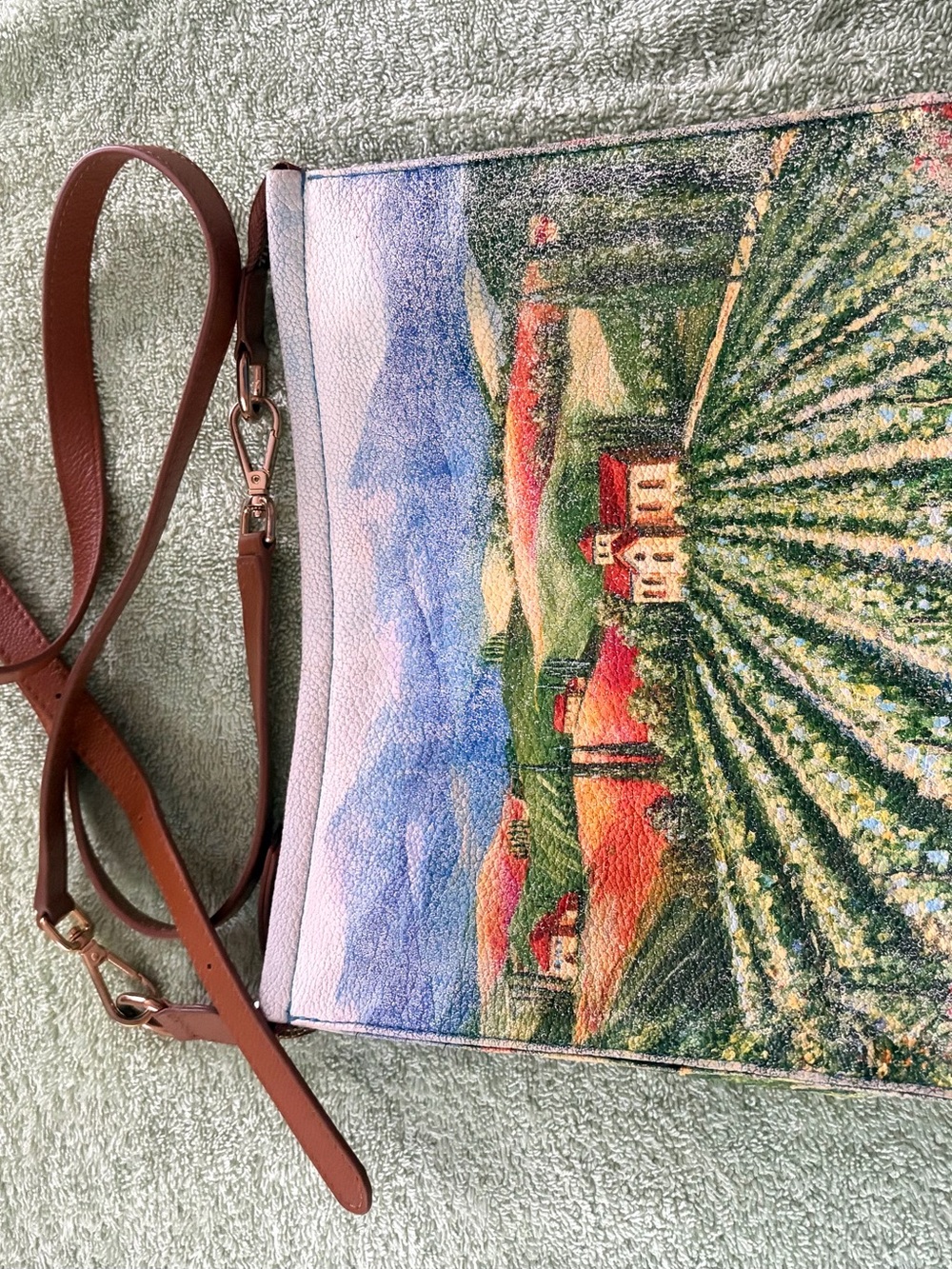 Genuine Leather Scenic Vineyard Crossbody Bag Tuscany Landscape Purse